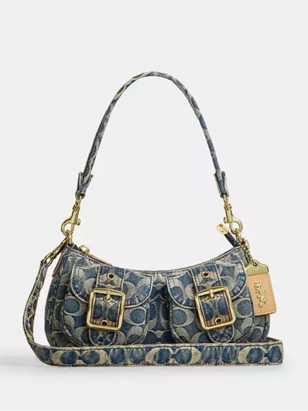 Coach Denim Signature Pattern Shoulder Bag with Gold Hardware